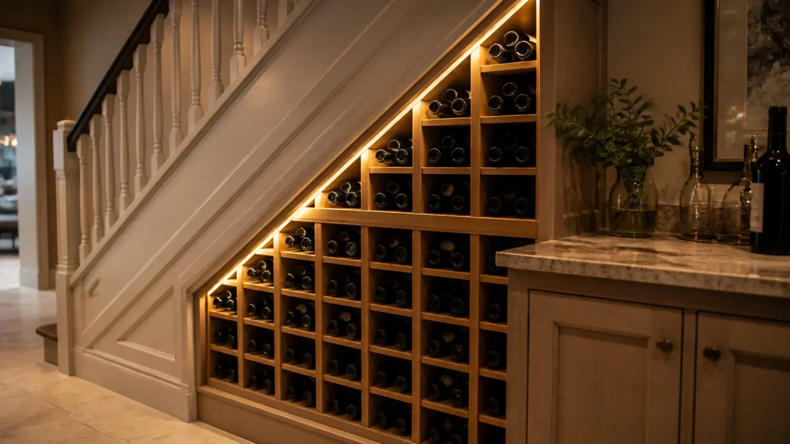 fitted under stairs wine storage with bottles racked below a painted staircase