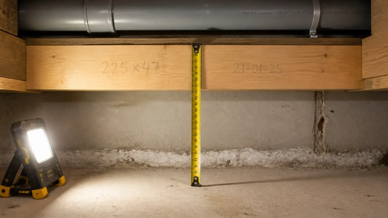 tape measure held against a basement joist above bare concrete floor