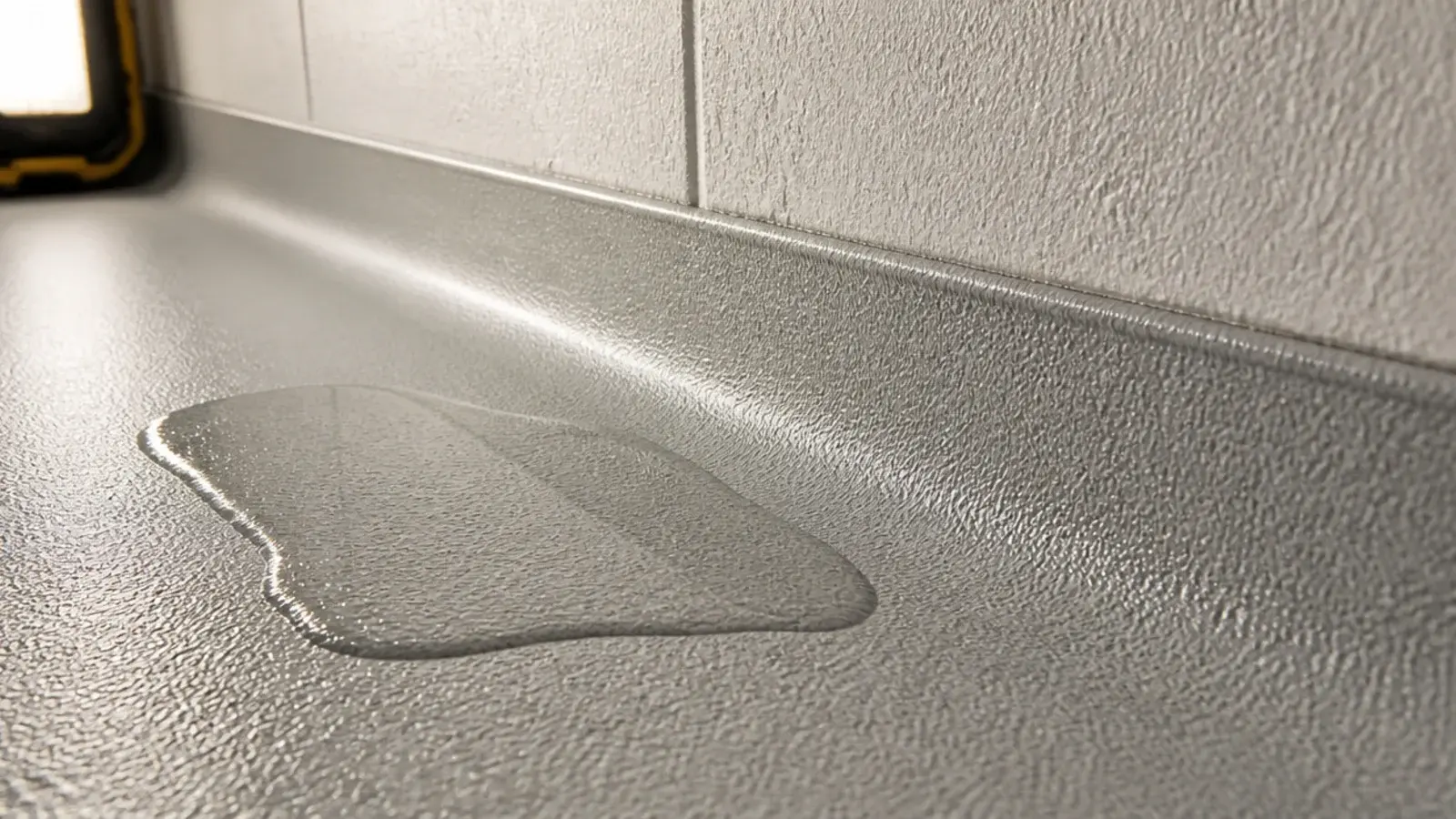 textured safety vinyl coved up a basement wall over sealed concrete