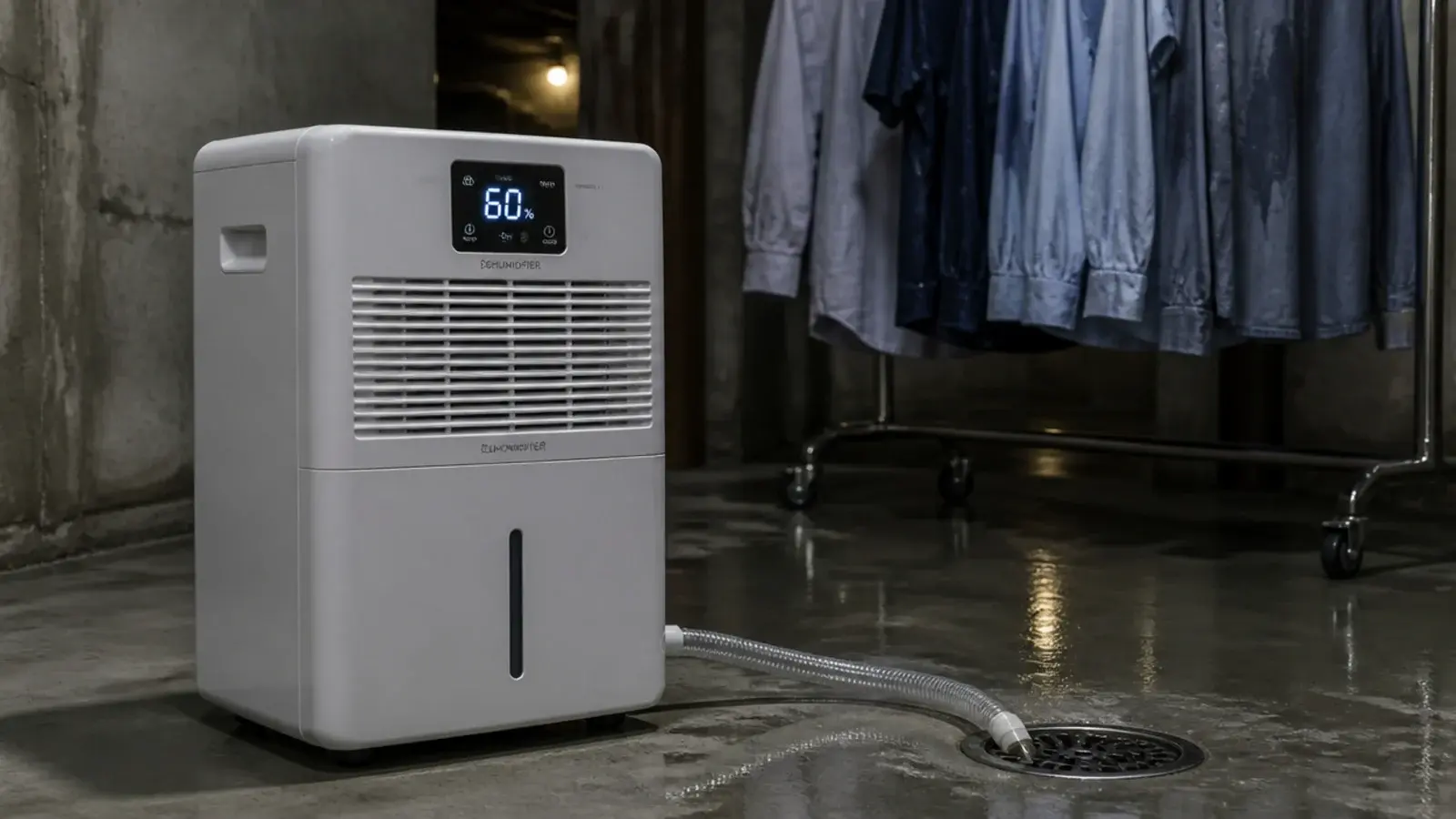 dehumidifier running beside damp washing in a cool cellar laundry