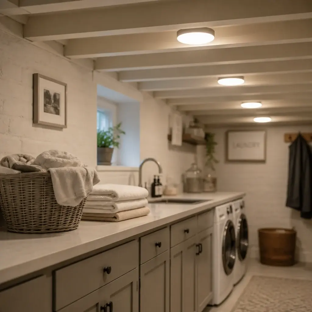 four ceiling fittings spreading even light across a low cellar room