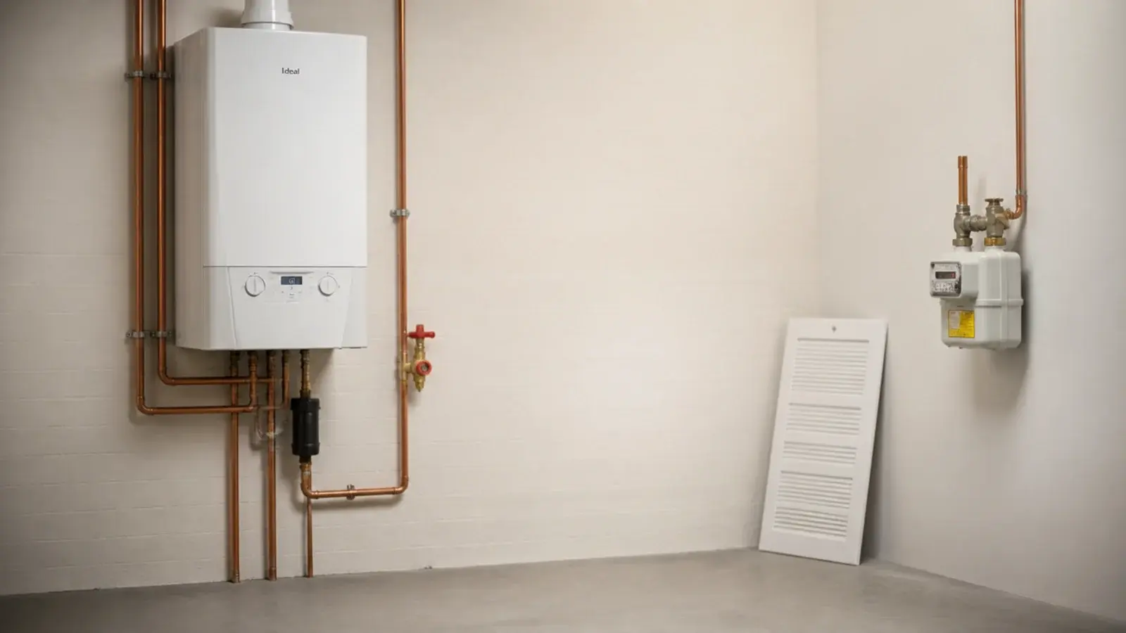 cellar boiler and gas meter left open with clear space around them