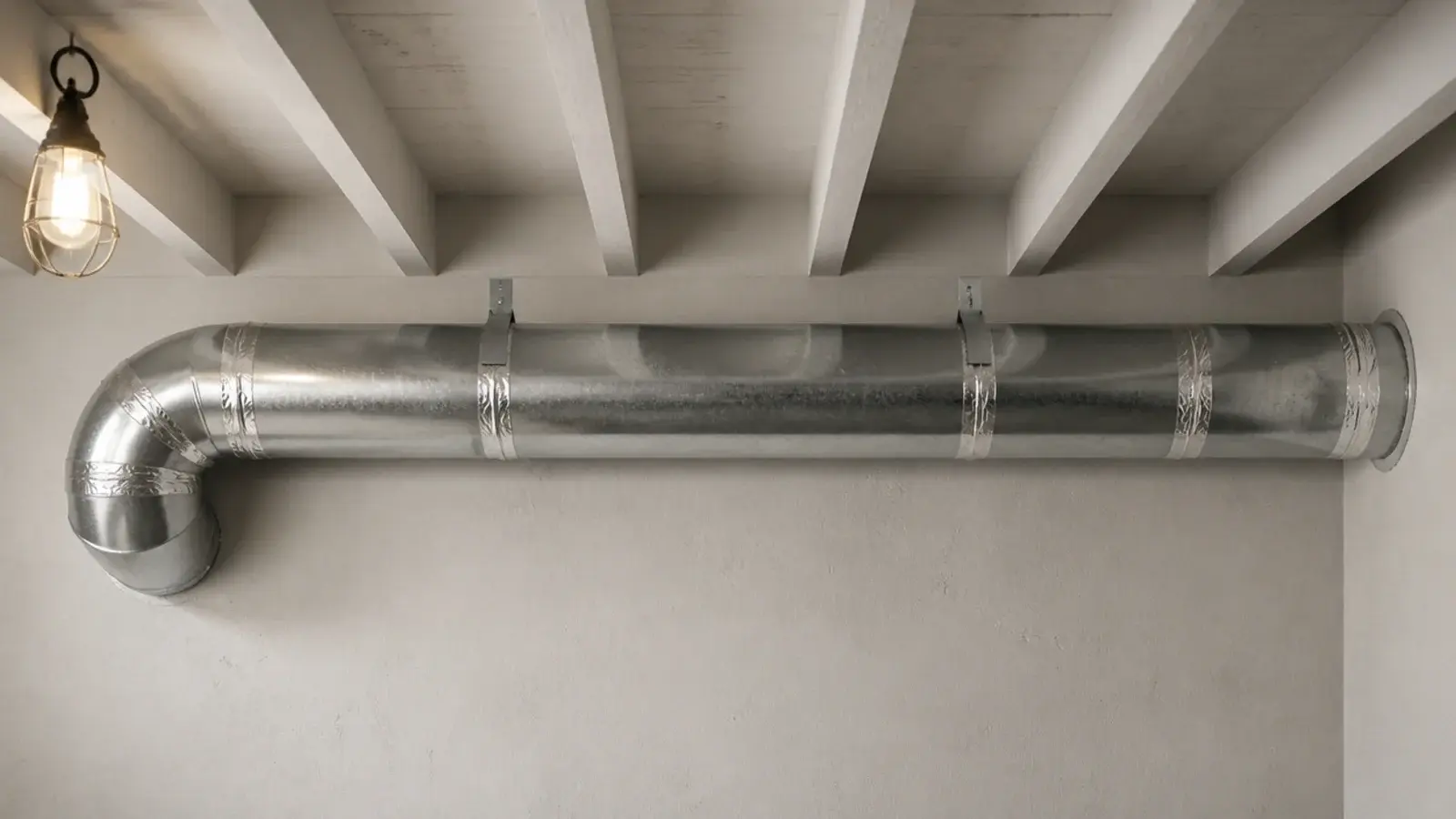 rigid four inch dryer duct running between cellar joists to a wall