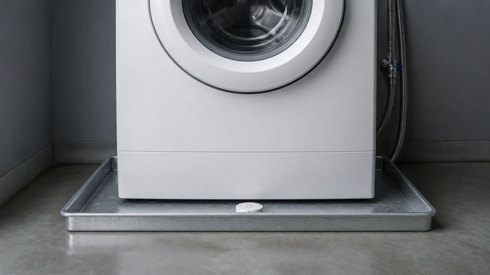 leak tray under a cellar washing machine holding a small water alarm