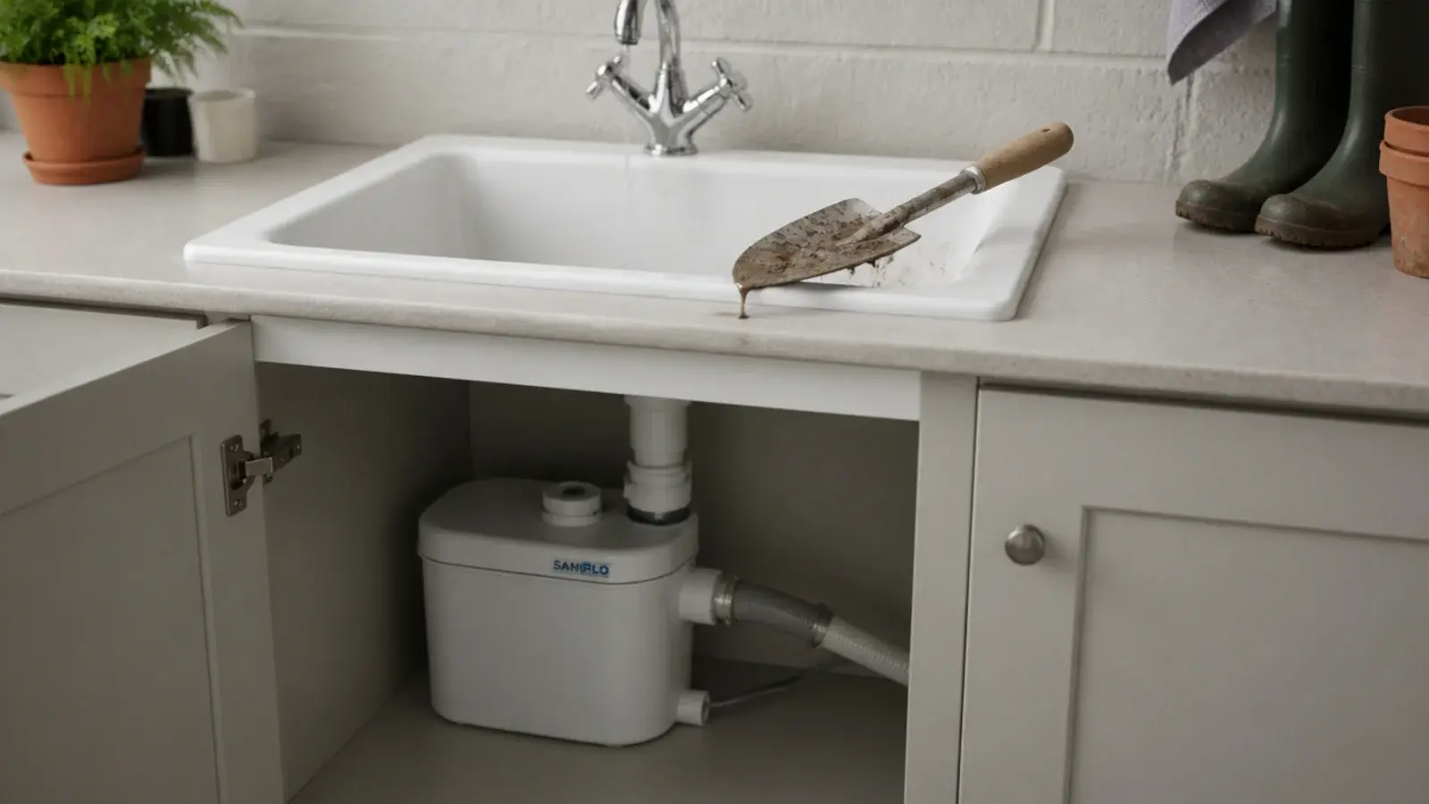 deep utility sink in a cellar with a pumped waste unit below