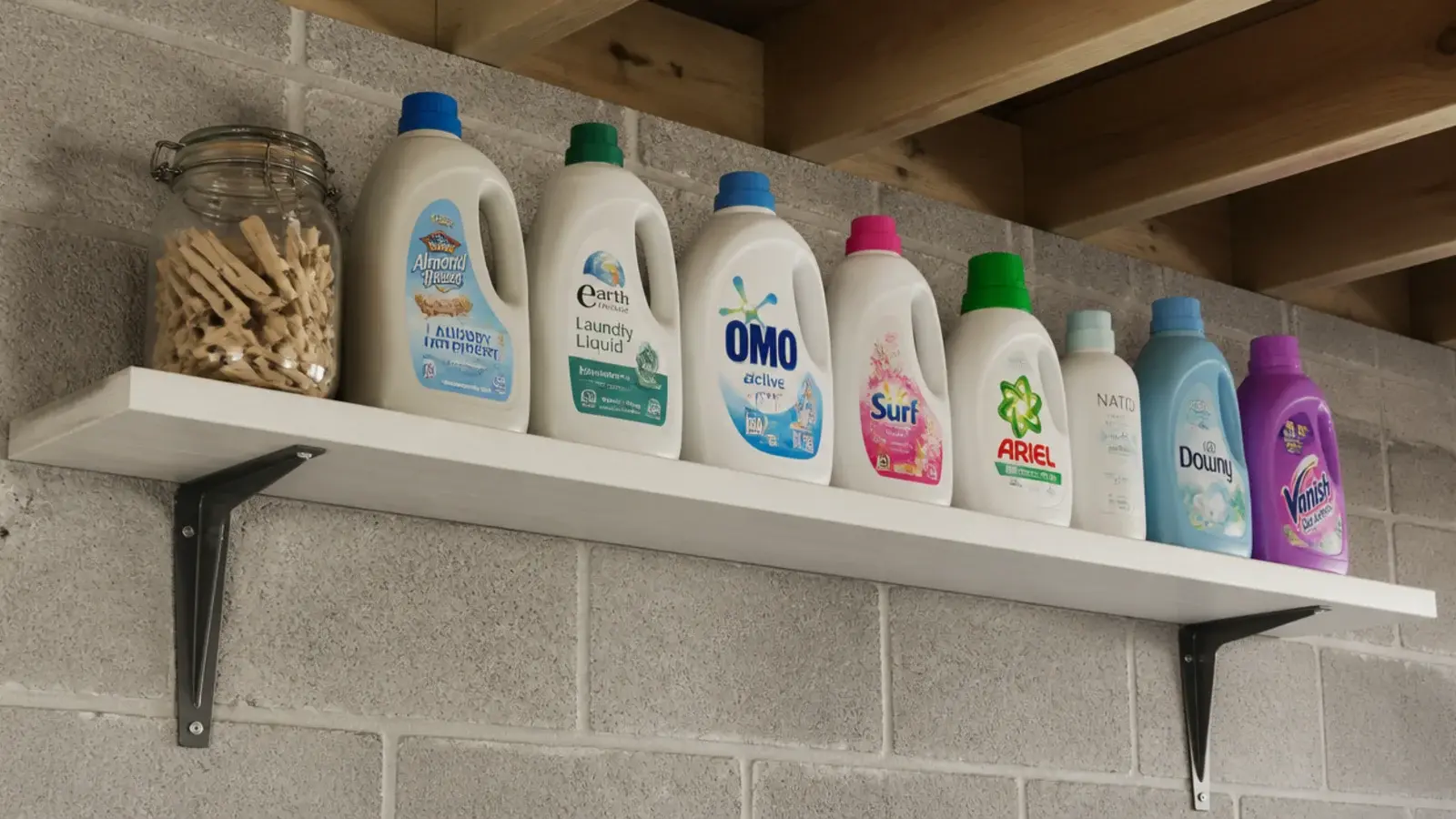 shallow shelf slung from painted basement joists holding laundry bottles