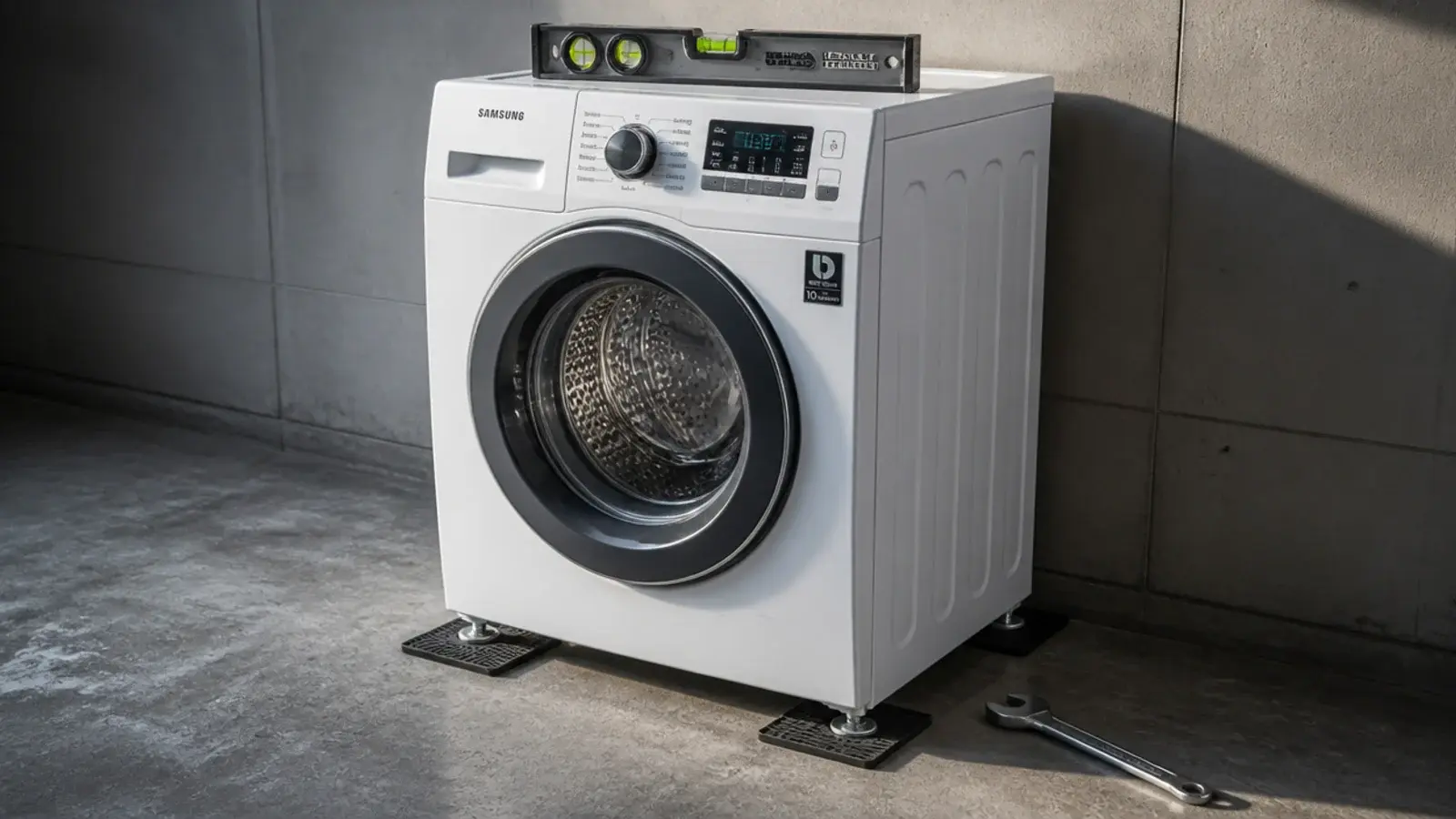 anti vibration mats under a washing machine on a bare concrete slab