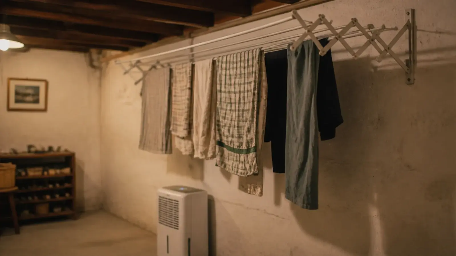 wall mounted concertina airer opened over a cellar dehumidifier