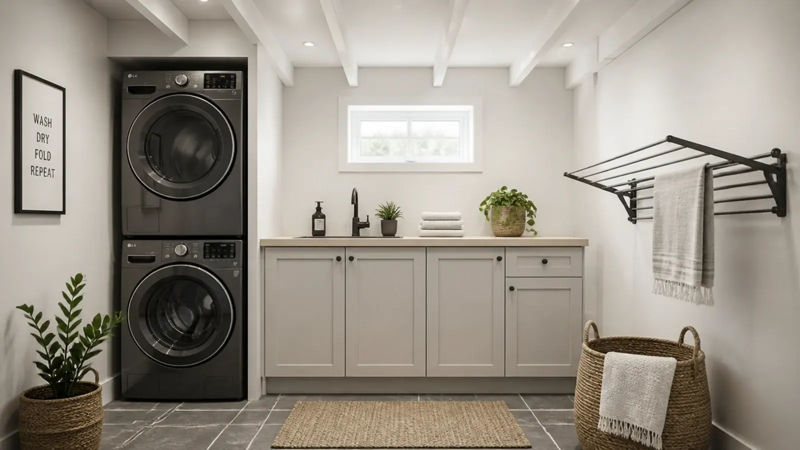 tall view of a basement utility room with pale worktop and airer