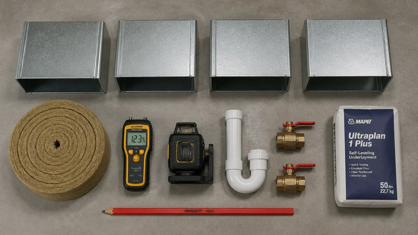 tools and materials laid out on a concrete garage floor before conversion