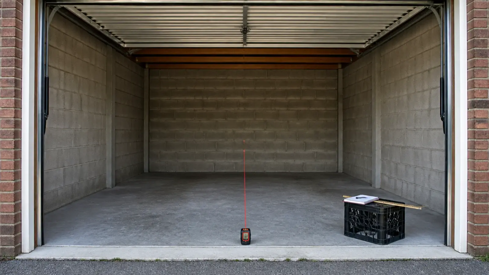 laser measure reading across an empty garage bay to the block wall