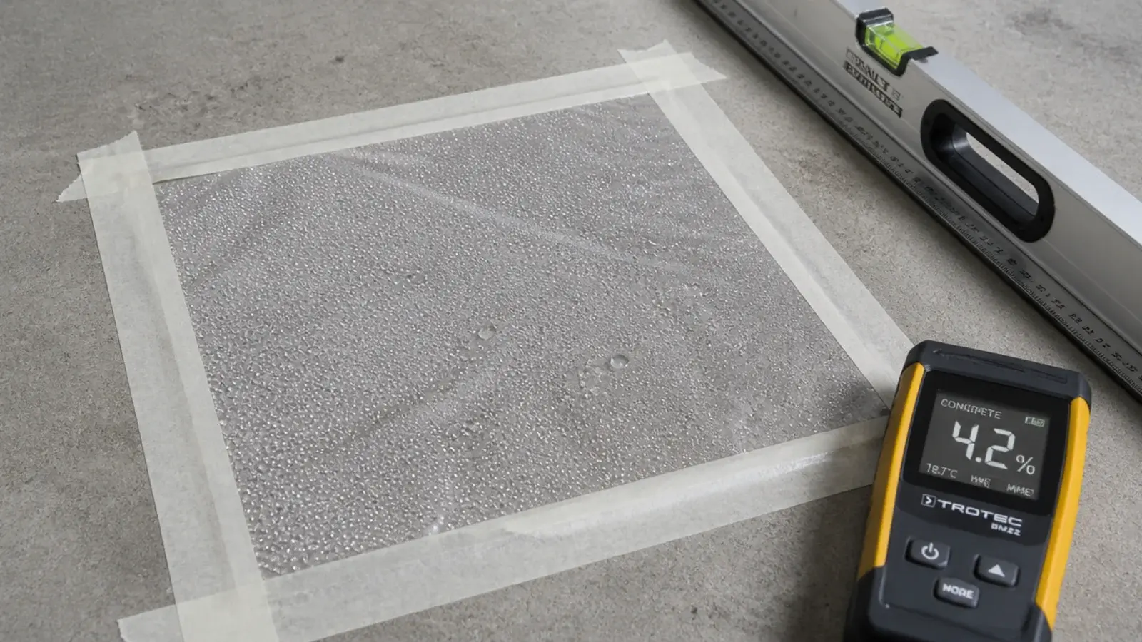 clear polythene square taped to a bare garage slab testing for damp