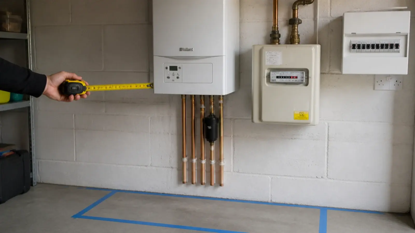 wall mounted boiler and gas meter measured for clearance in a garage