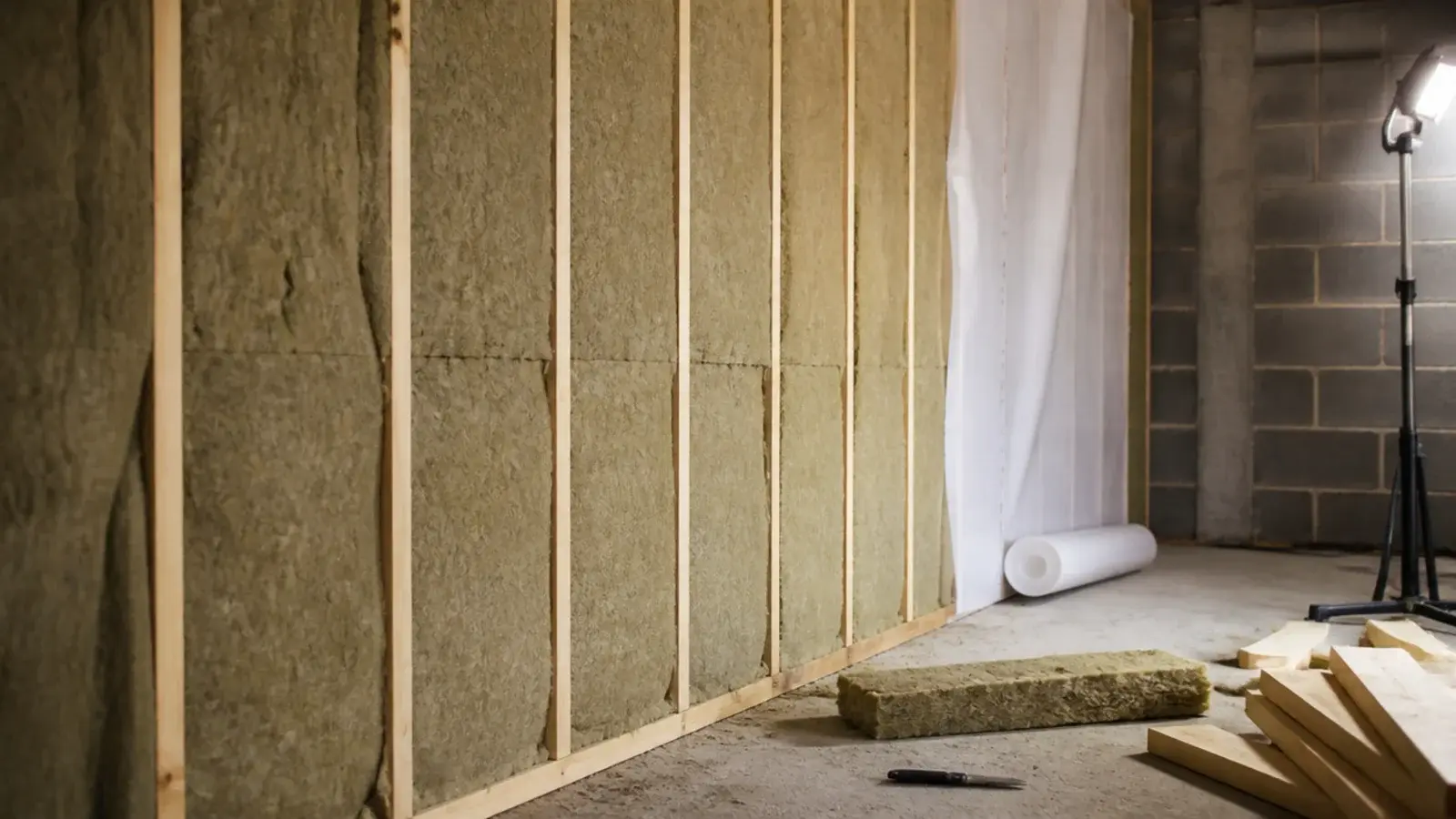 mineral wool batts pushed between timber battens on a garage block wall