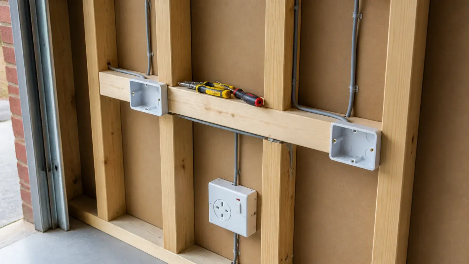 new cable runs and back boxes roughed into an open garage stud wall