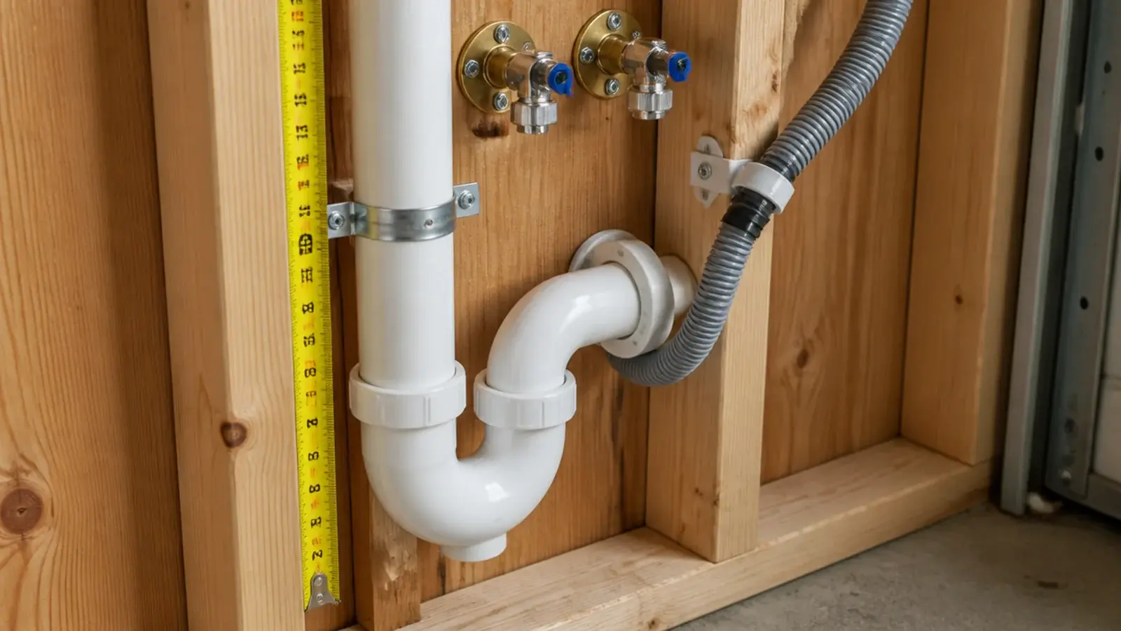 standpipe and trap fixed to a garage stud wall behind a washer