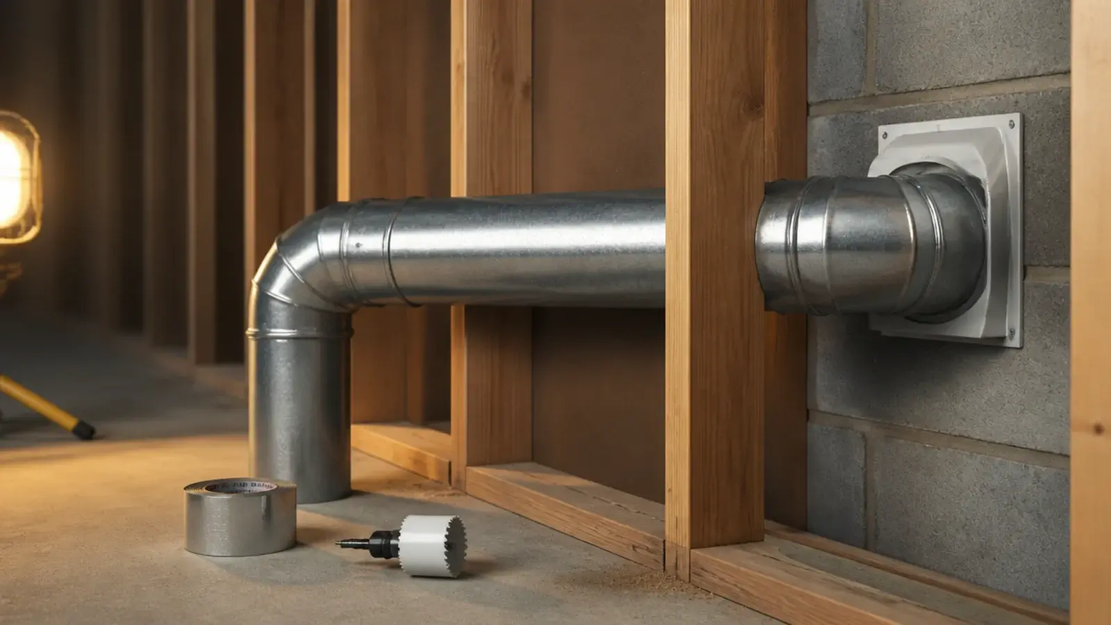 rigid four inch dryer duct running through a garage stud wall
