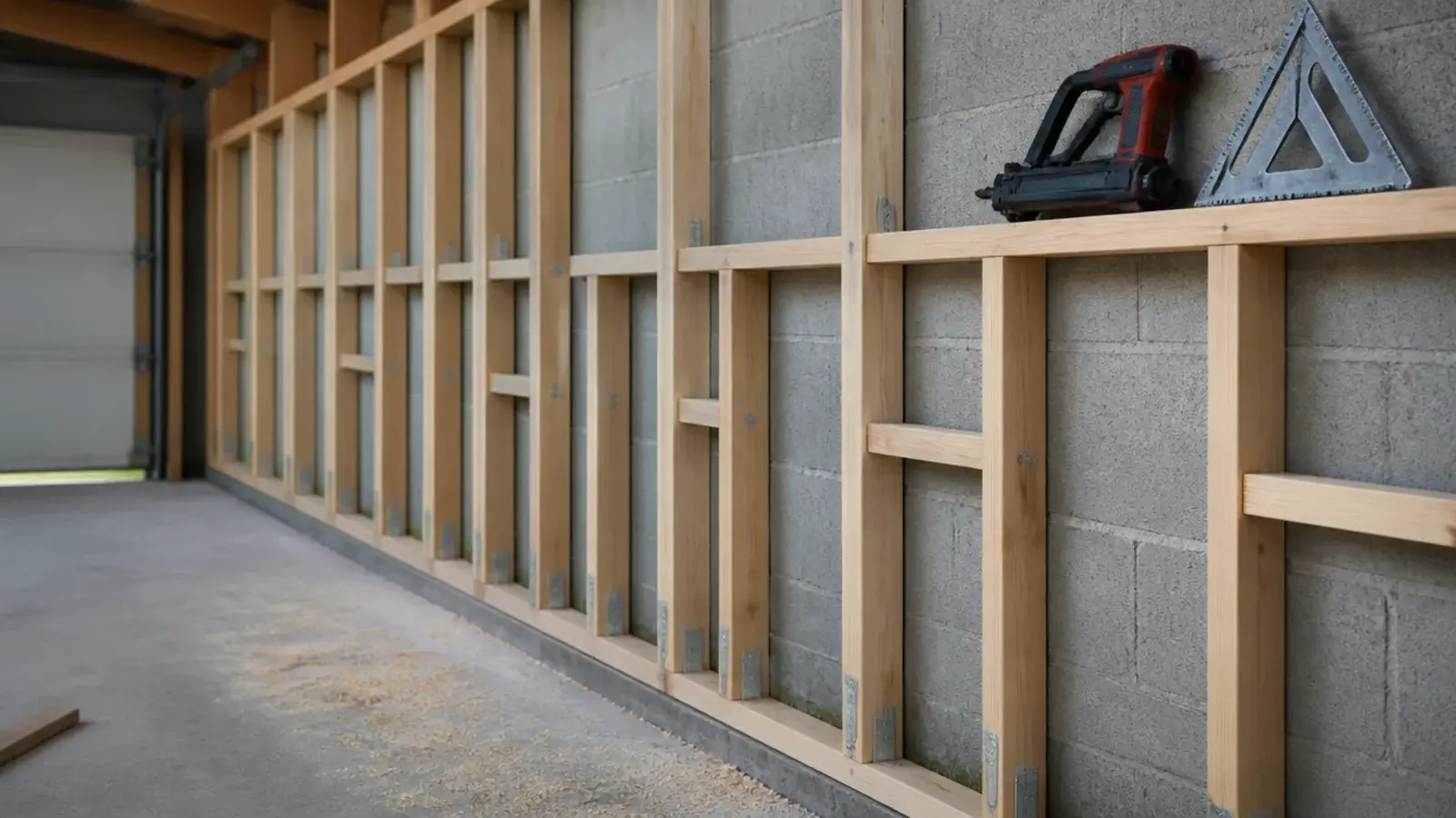 timber stud frame built out from a garage block wall for cabinets