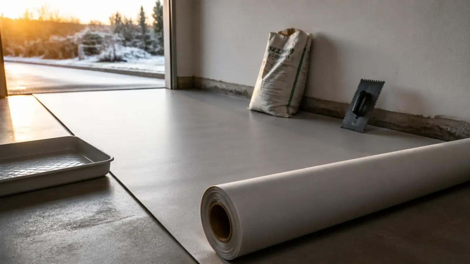 safety vinyl being rolled over a levelled concrete garage floor