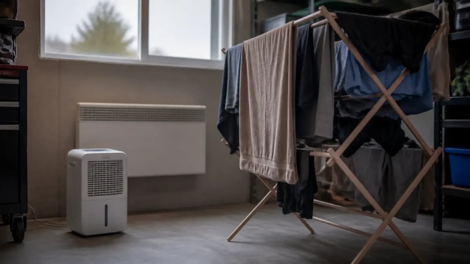 compact dehumidifier working beside a loaded airer in a garage utility