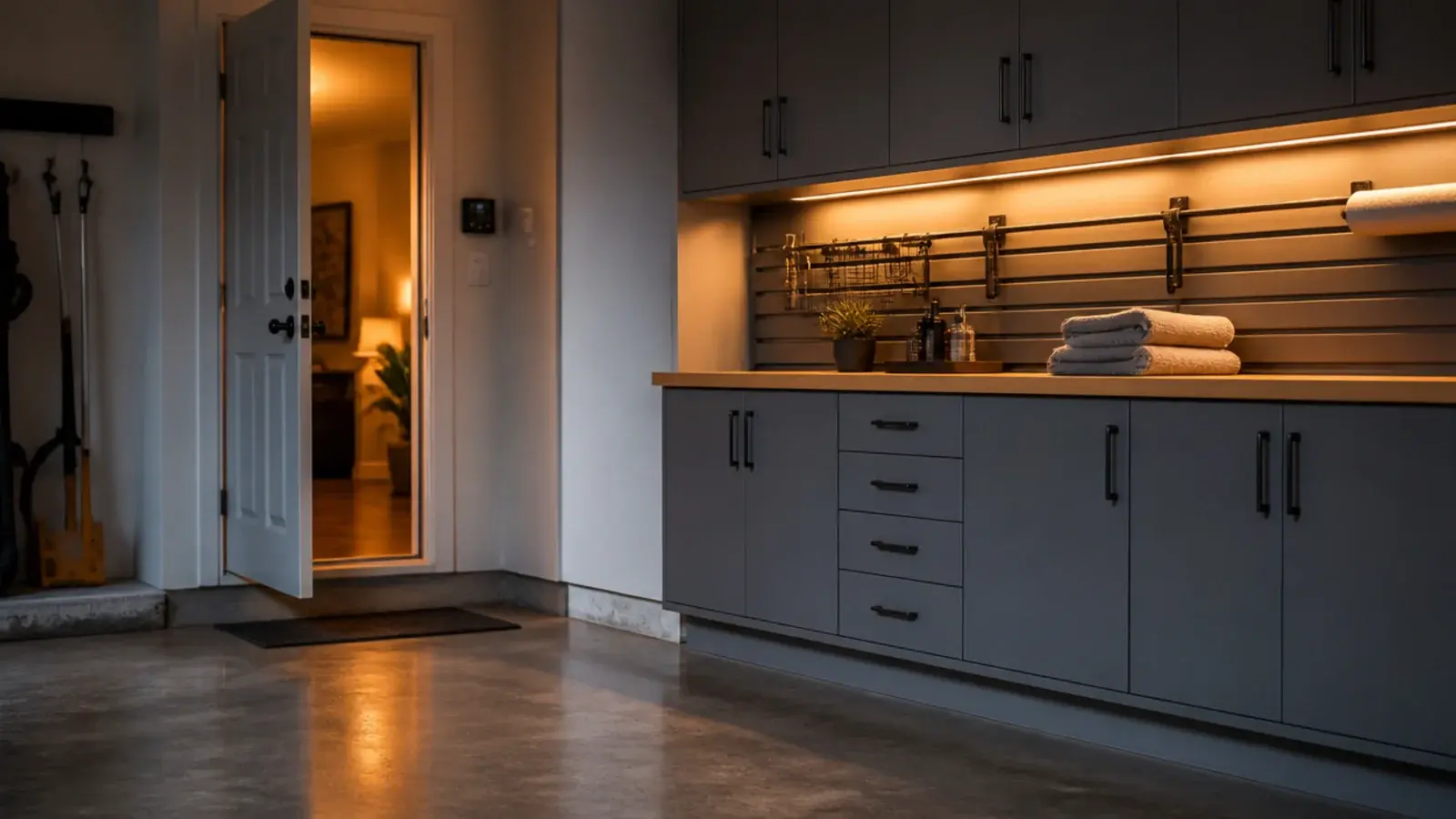 finished garage utility run lit by warm task lighting at dusk