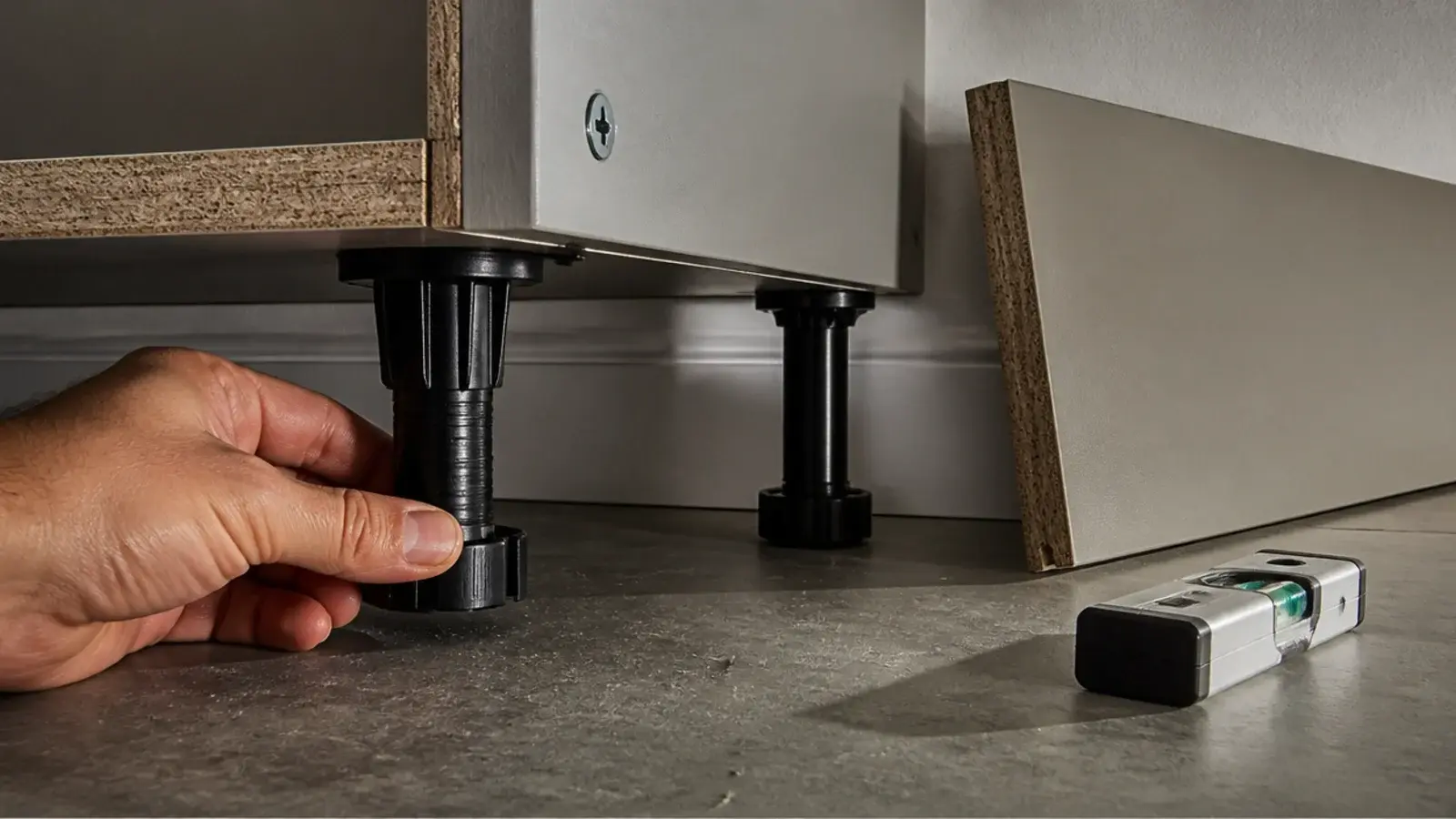 adjustable cabinet leg being turned with a plinth panel resting nearby