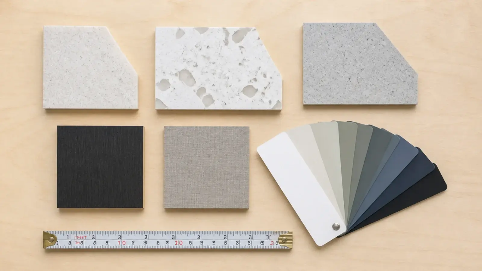 flat lay of quartz worktop samples and cabinet colour swatches on a bench