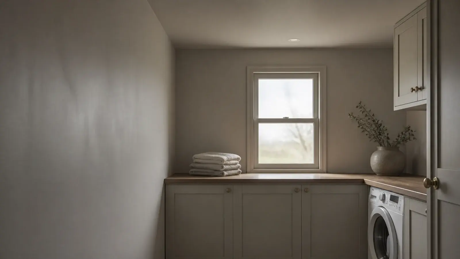 utility painted a single muted tone across walls cabinetry and ceiling