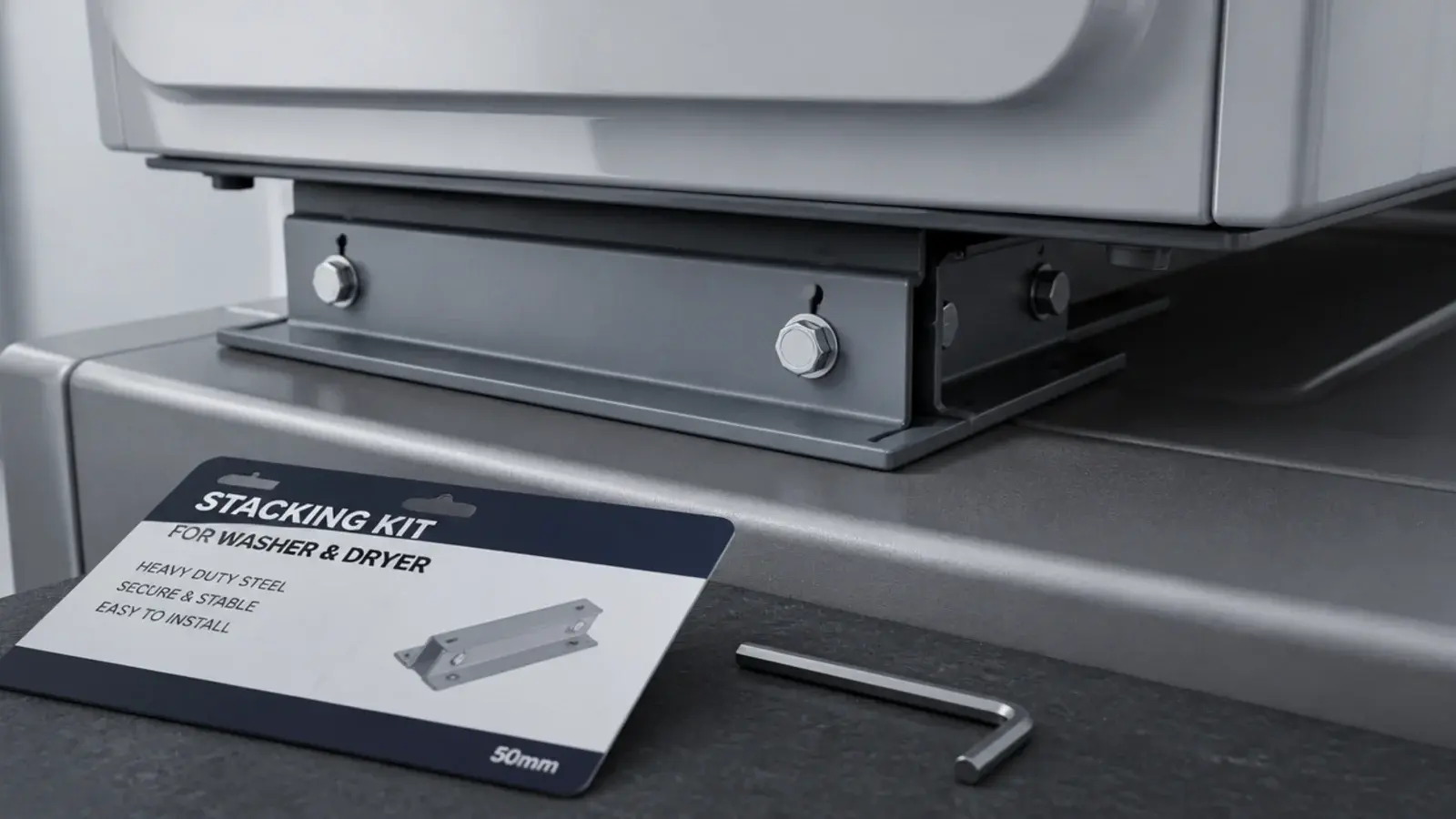 metal stacking bracket fitted between a washer top and dryer base