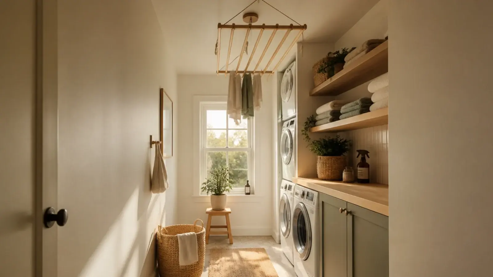 tall view of a narrow utility room with shelving and one machine run