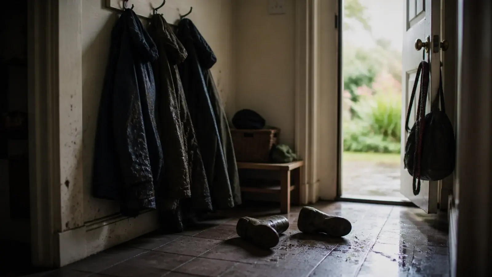 wet coats boots and a dog crowding a small back door lobby