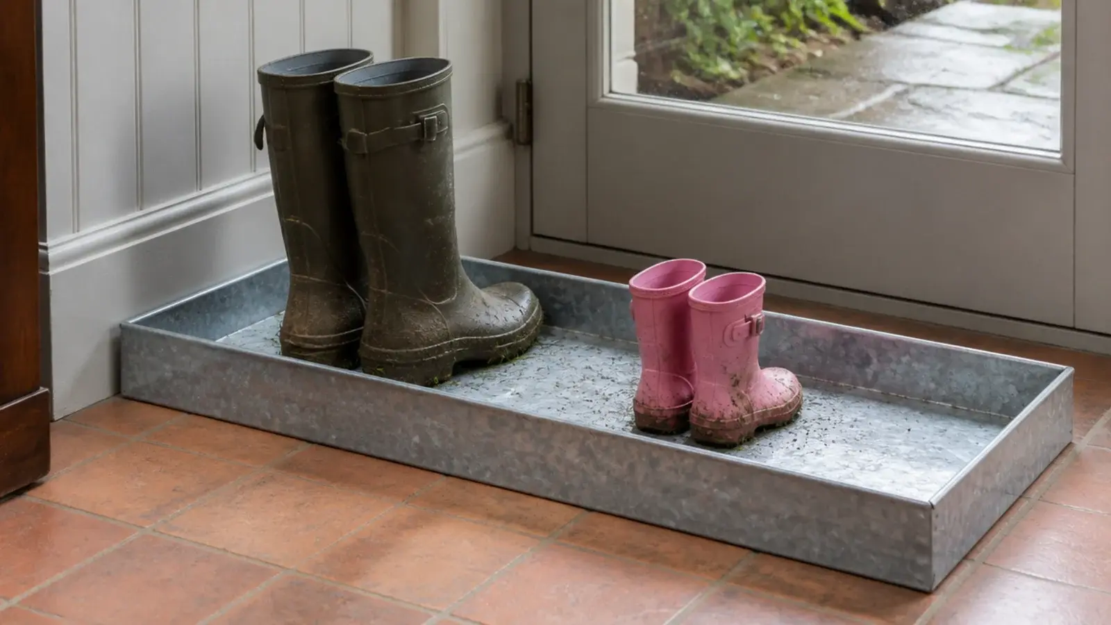 galvanised boot tray with a raised lip holding three muddy pairs