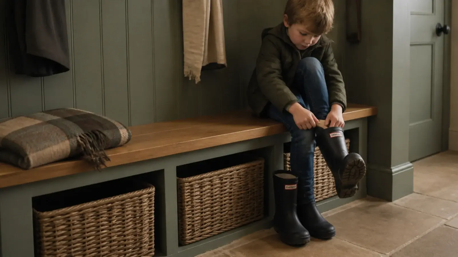 painted boot bench at chair height with woven baskets underneath
