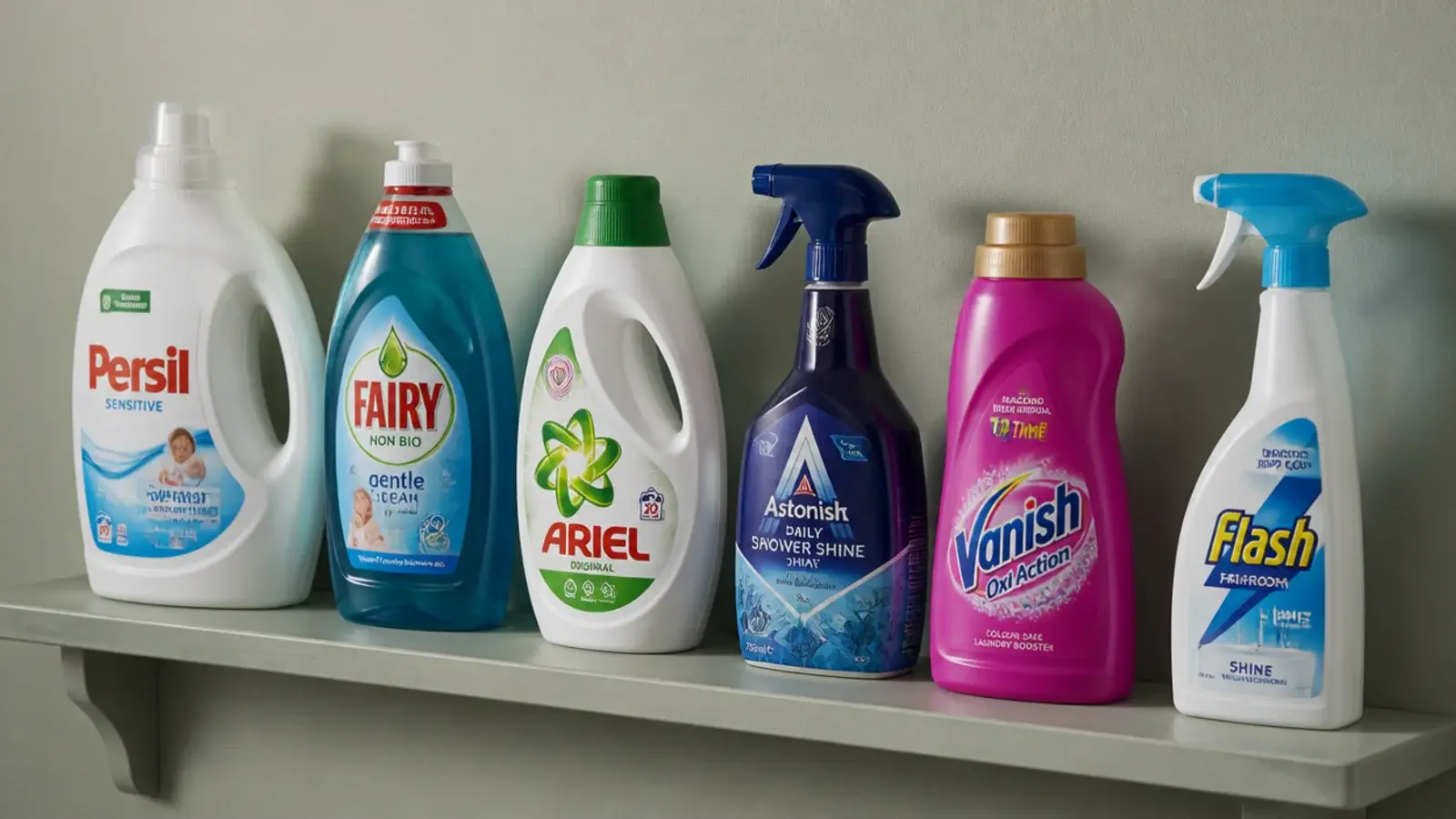 shallow shelf holding upright detergent bottles with nothing hidden behind