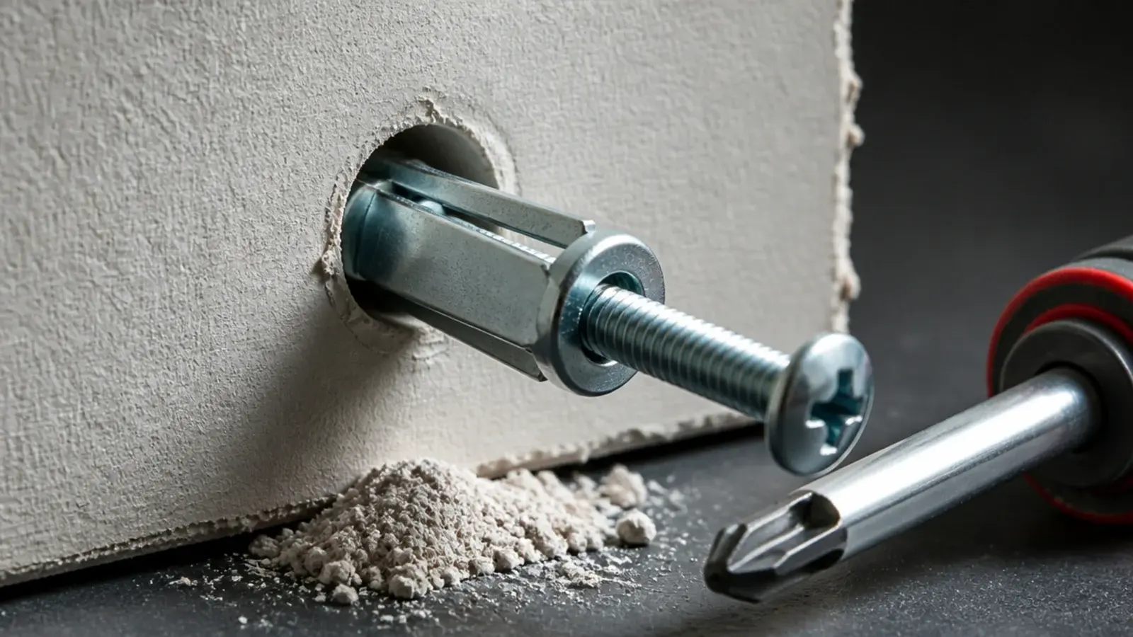 metal toggle bolt part inserted into a drilled hole in plasterboard