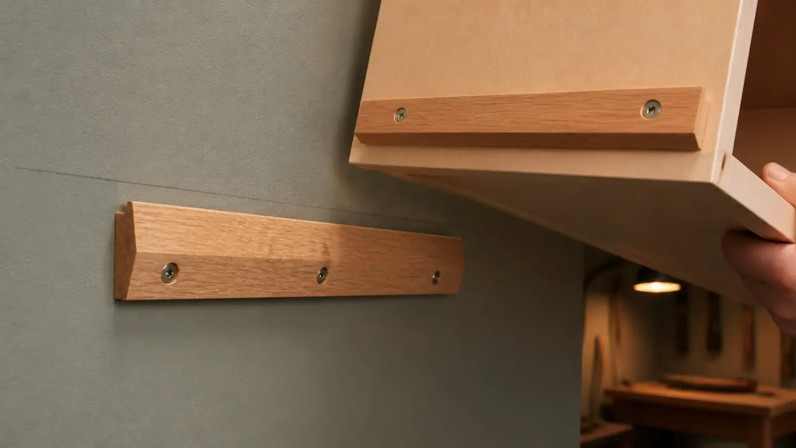 angled timber cleat screwed to a wall with a shelf unit lifted onto it