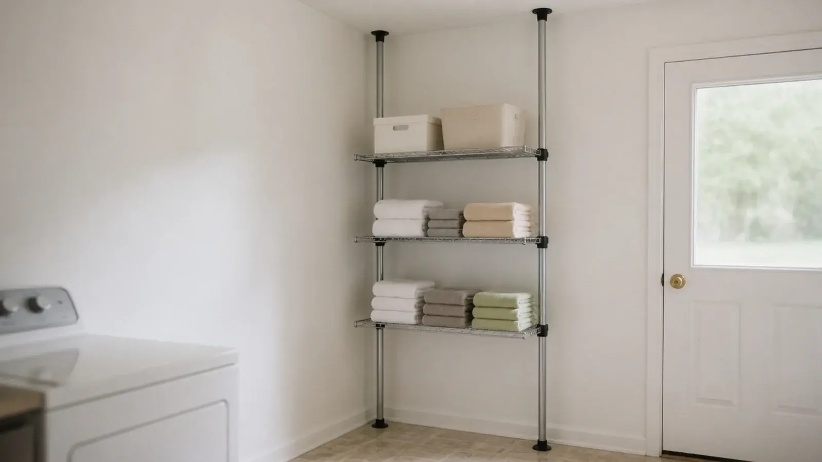 floor to ceiling tension pole shelving standing in a utility corner