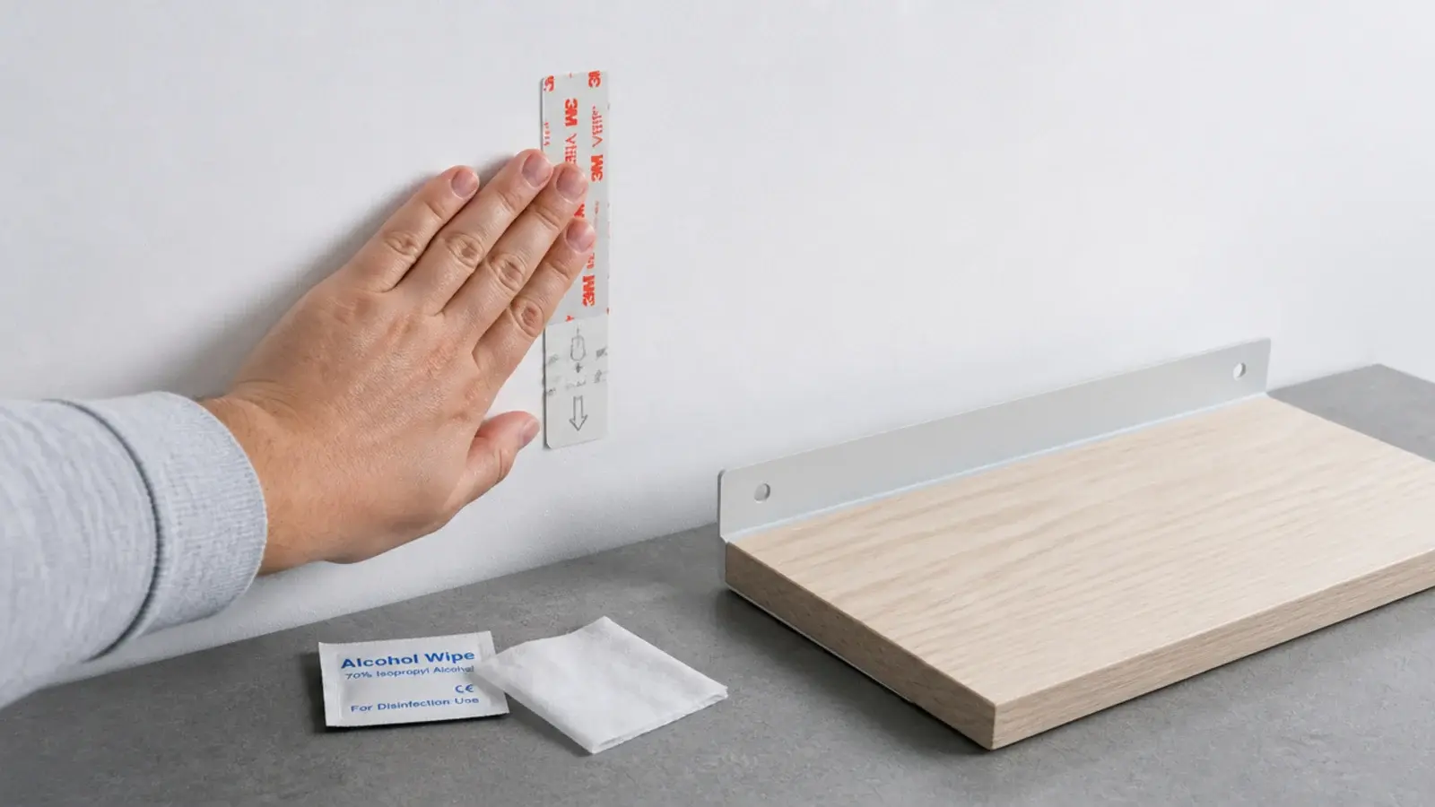 adhesive mounting strip being pressed onto a wall beside a small shelf