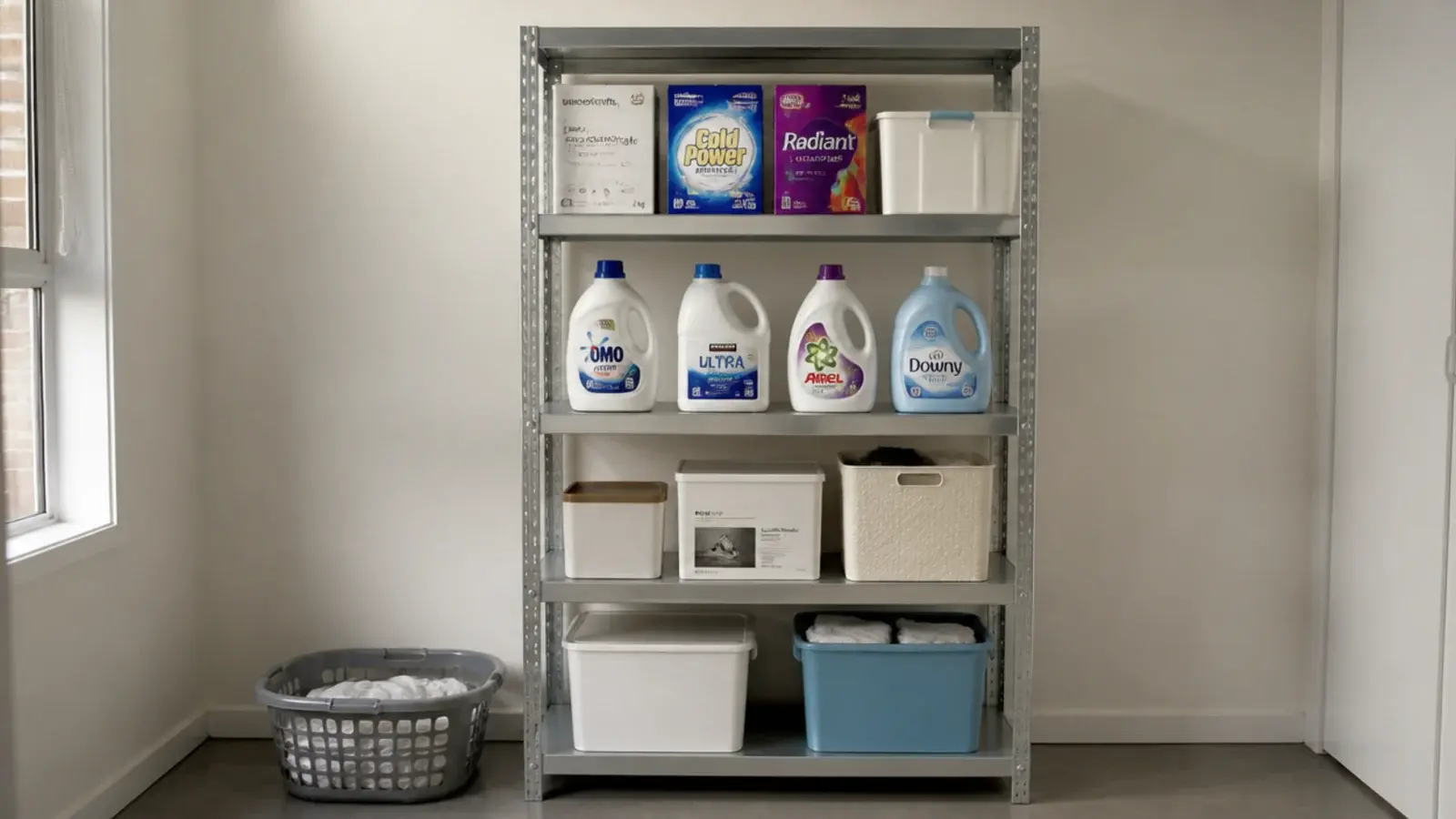 freestanding metal shelving unit standing against a rented utility wall