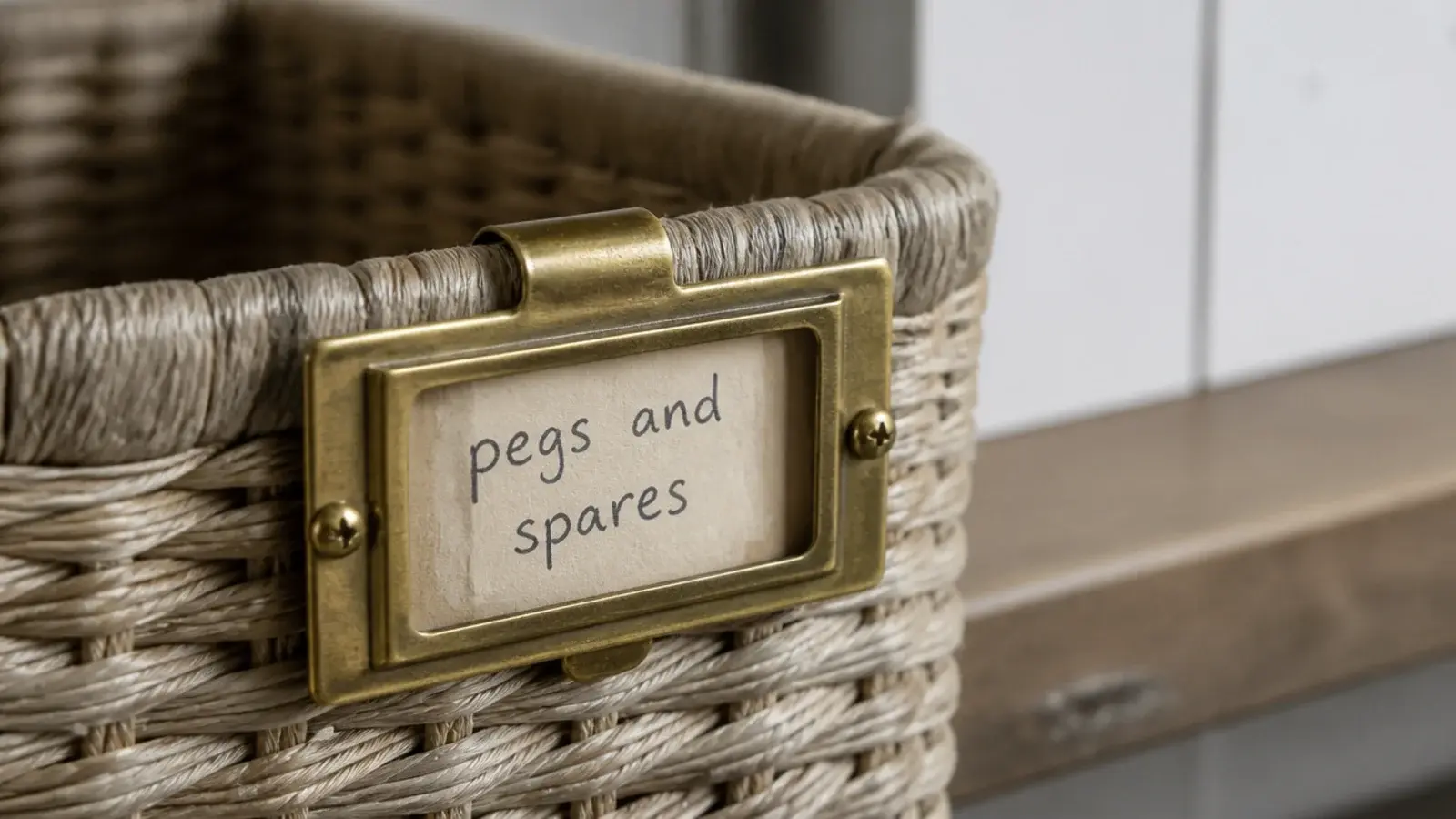 small brass label frame clipped to the front of a woven storage bin