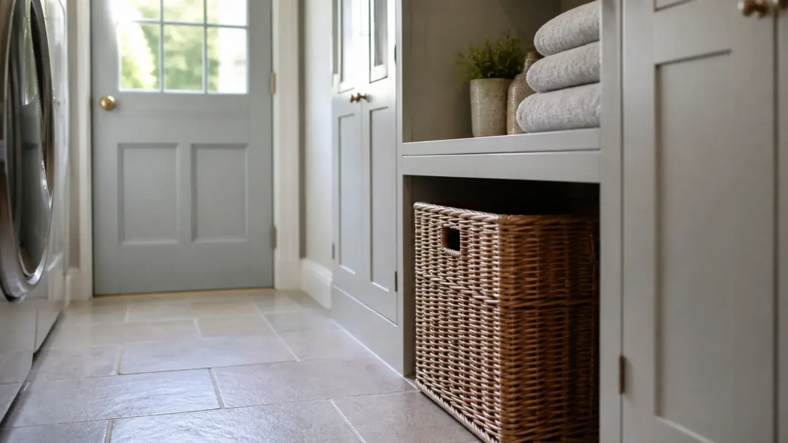 laundry basket sliding under the lowest shelf with room to spare