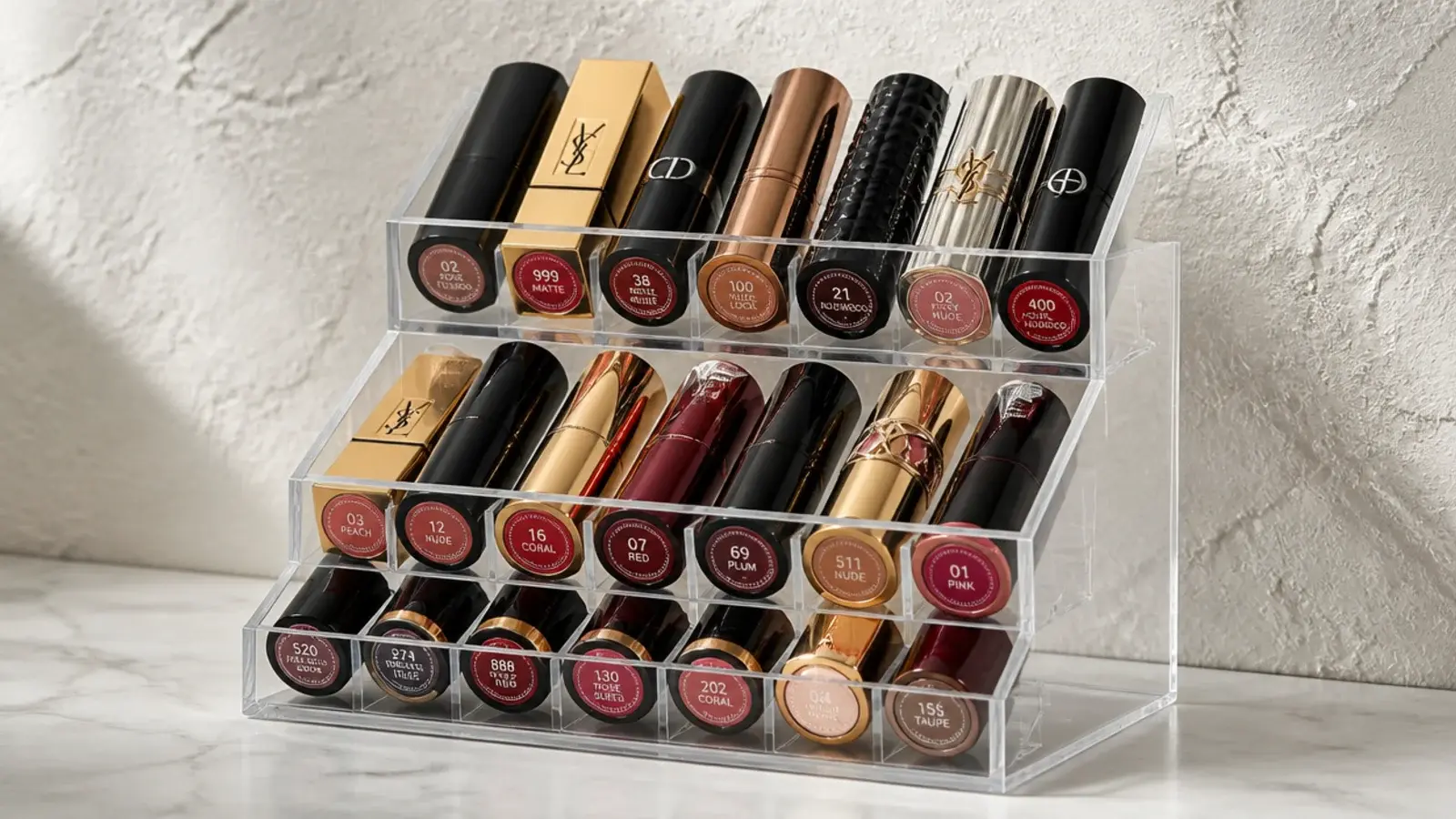 angled acrylic lipstick tier holding tubes upright with labels visible