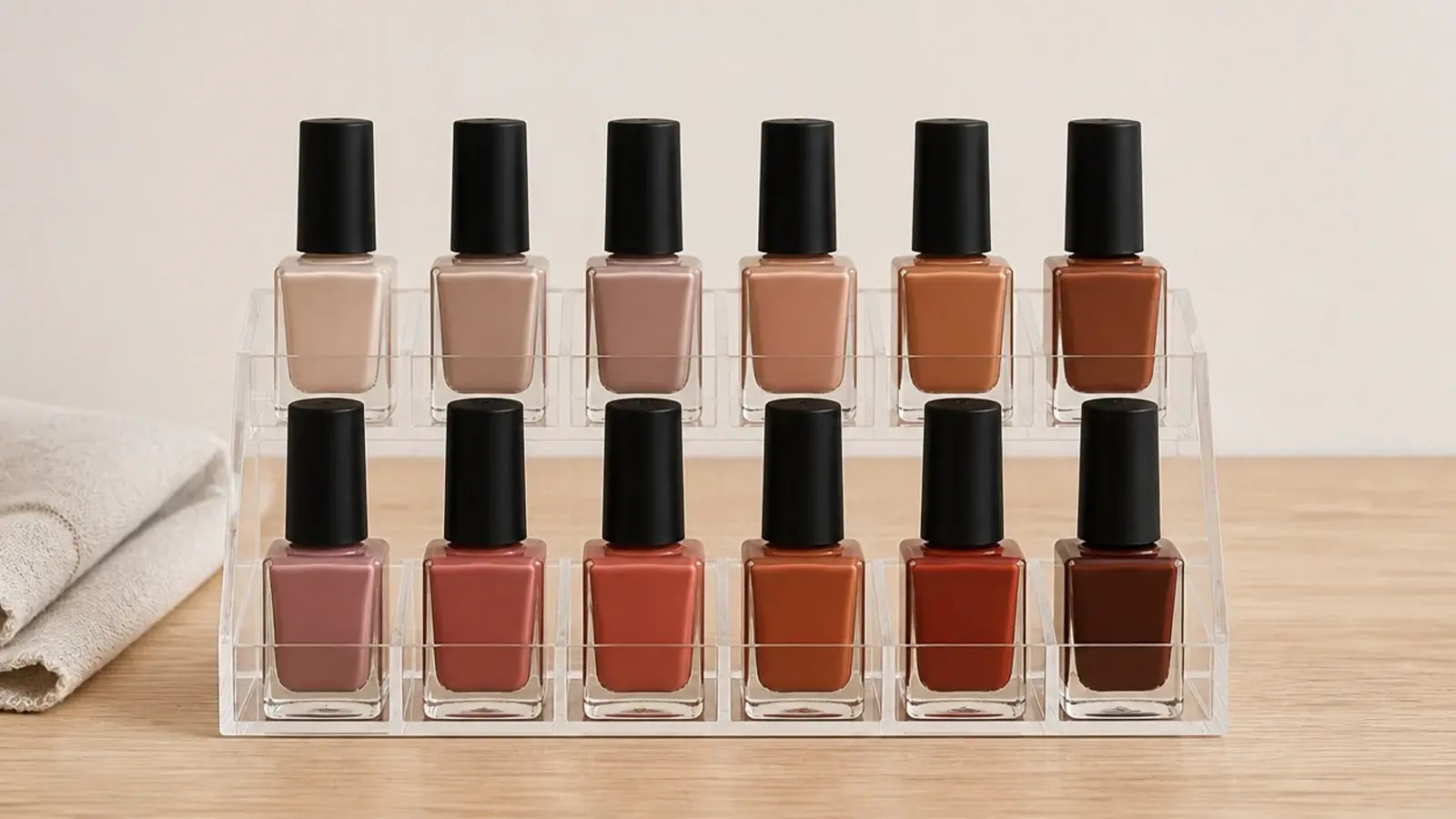 acrylic rack holding nail polish bottles upright in neat slots