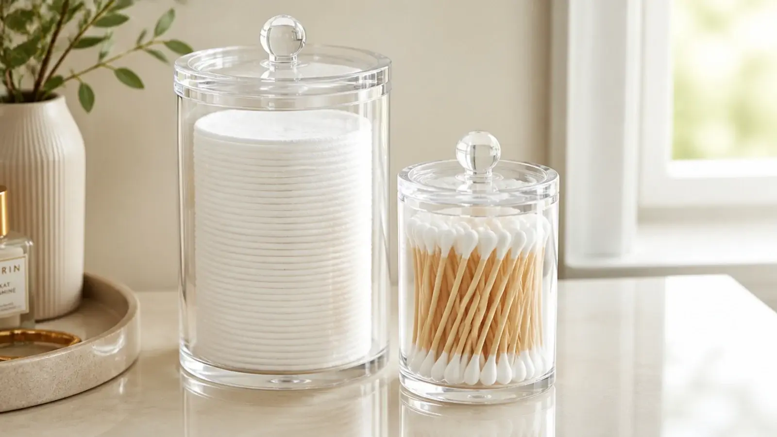 lidded acrylic canister filled with cotton rounds on a tidy vanity counter