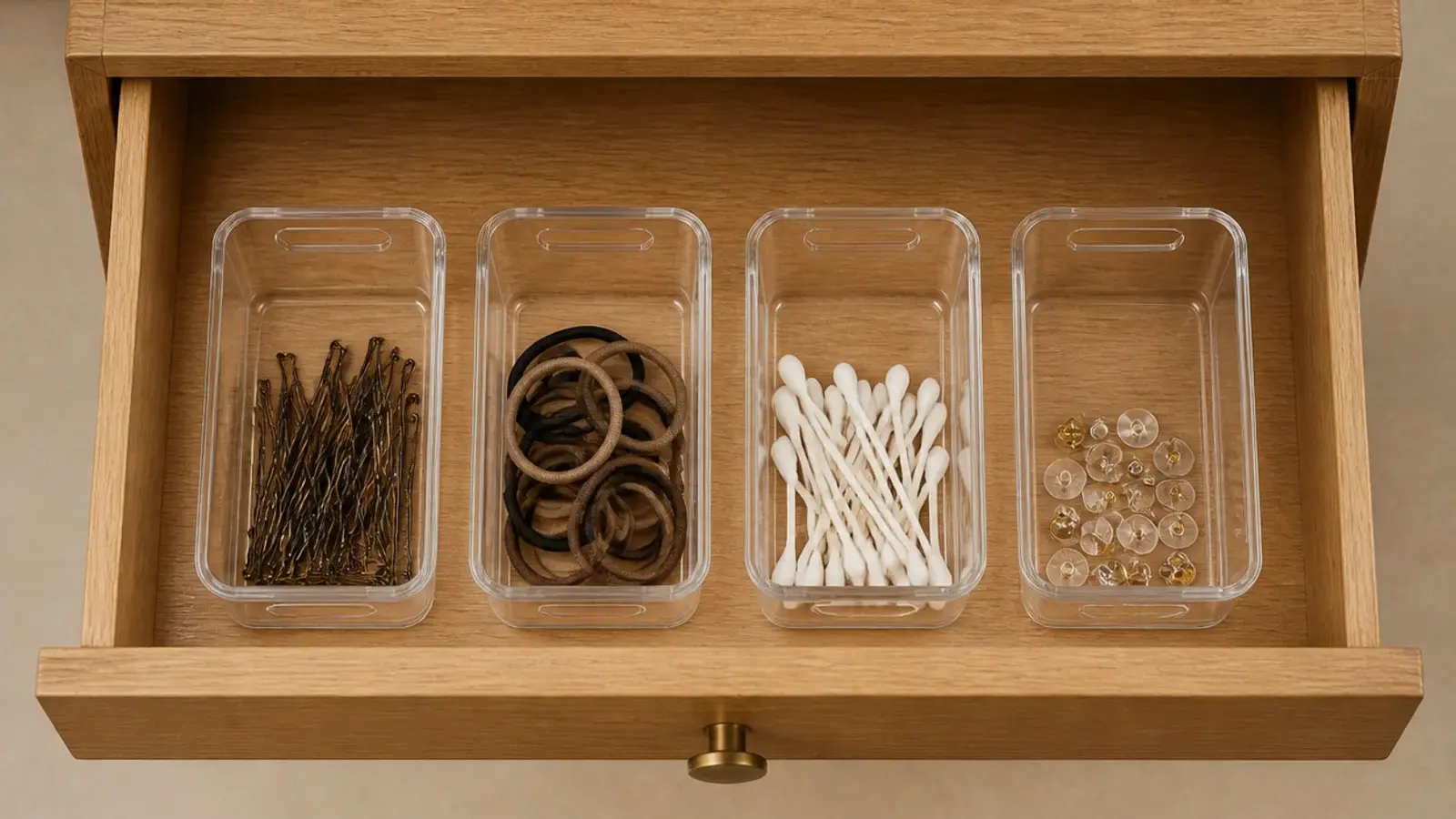 small acrylic bins inside a drawer holding hair pins clips and swabs