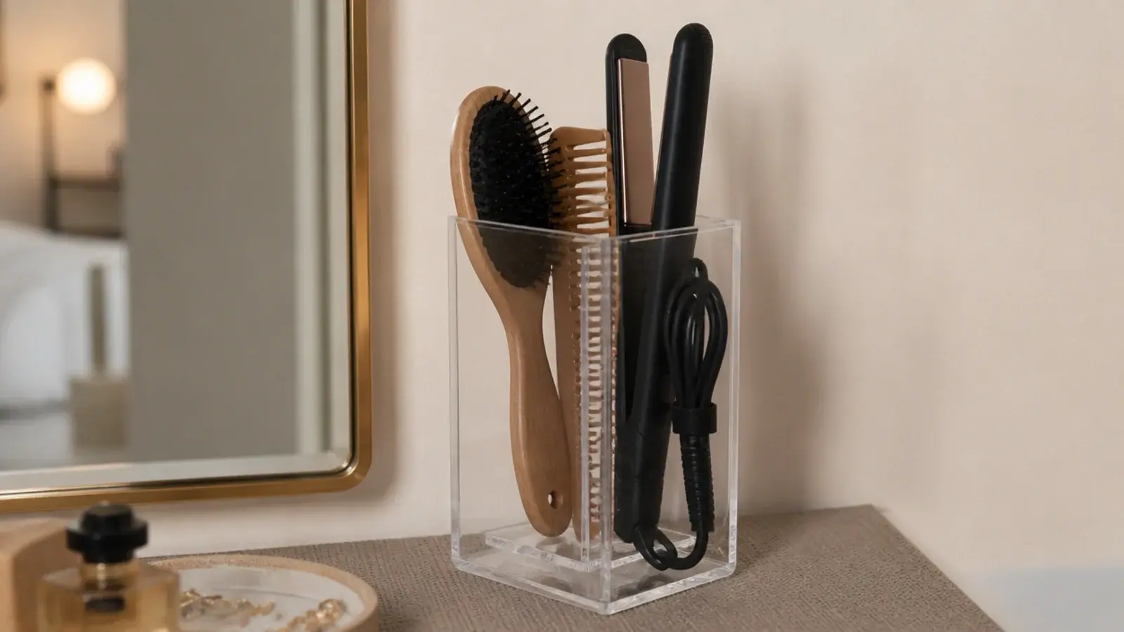 acrylic caddy holding a hair brush and cooled straightener beside the mirror