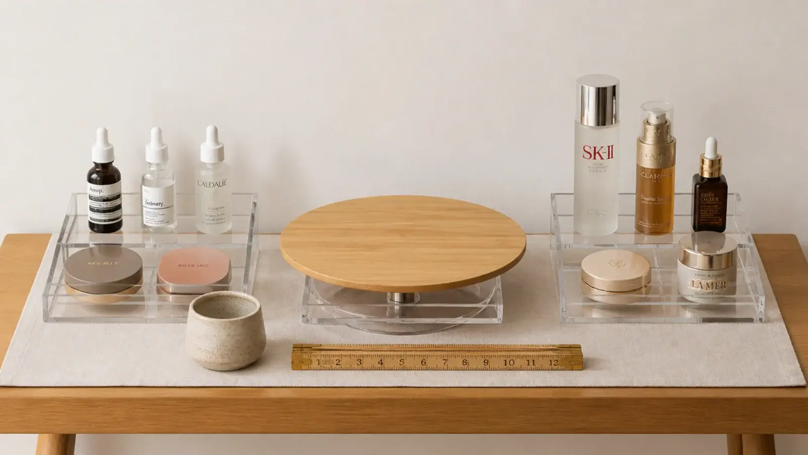 testing bench with organizer samples a tape measure and product bottles