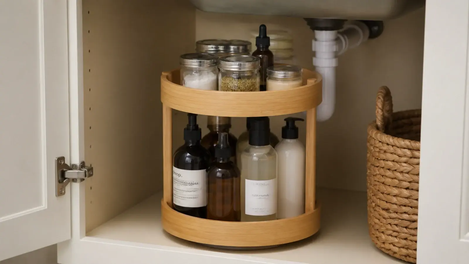 two tier bamboo turntable inside a cabinet with bottles facing outward