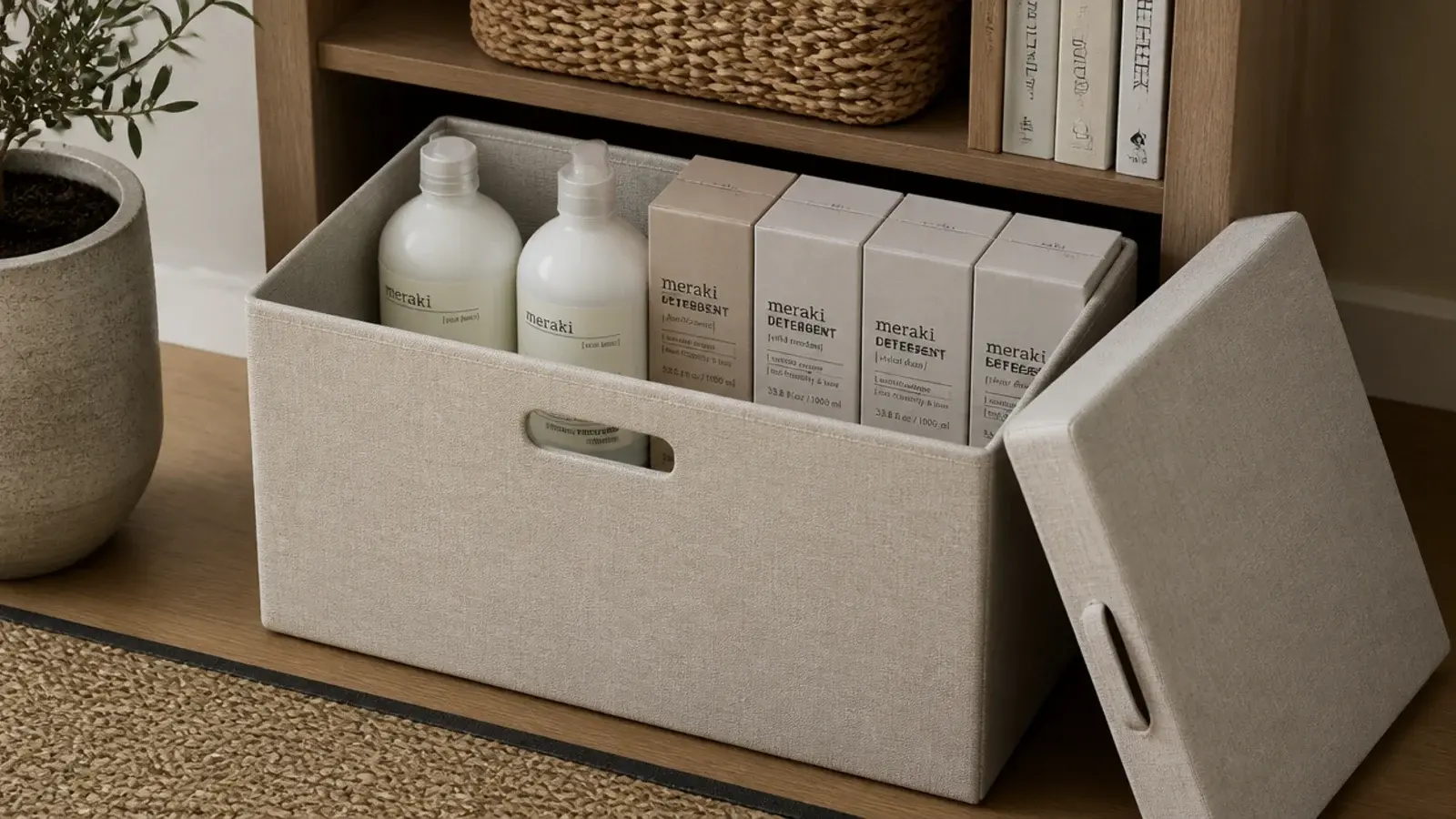 linen covered lidded box storing unopened refills in a single layer