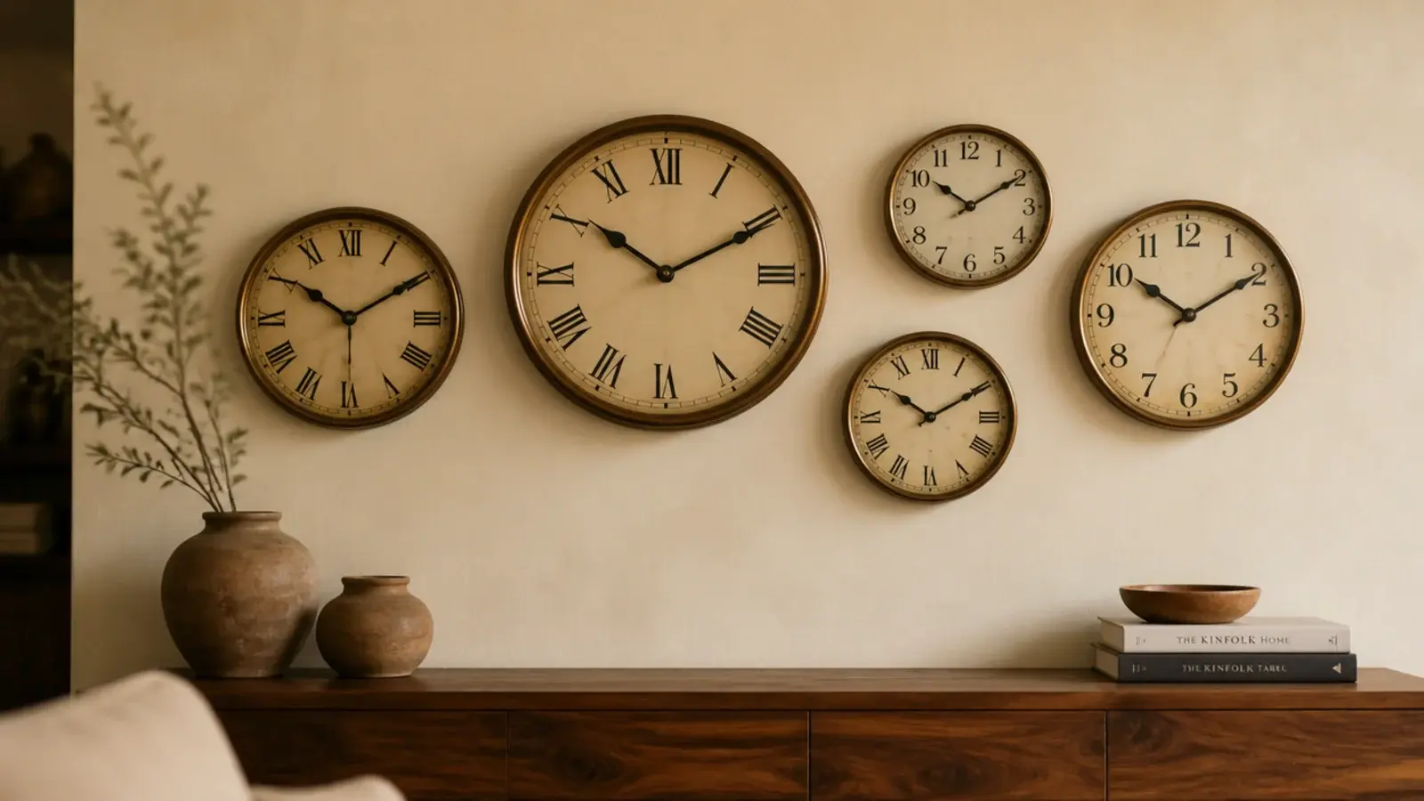 clock wall decor grouping of mixed faces above a long walnut console